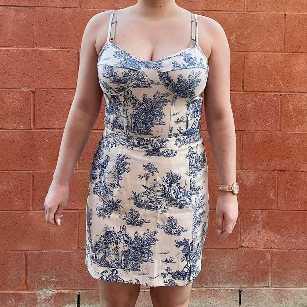 Matching blue, white chateau toile two piece set